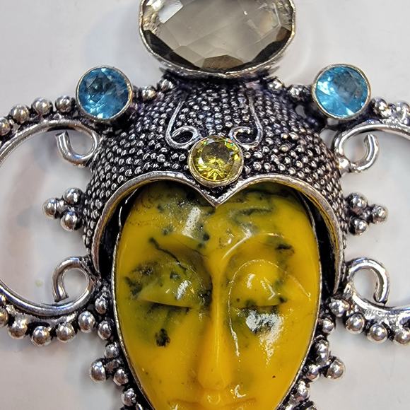 Sterling Silver Pendant with Yellow Carved Face and Multi-Gem Accents - Picture 6 of 11